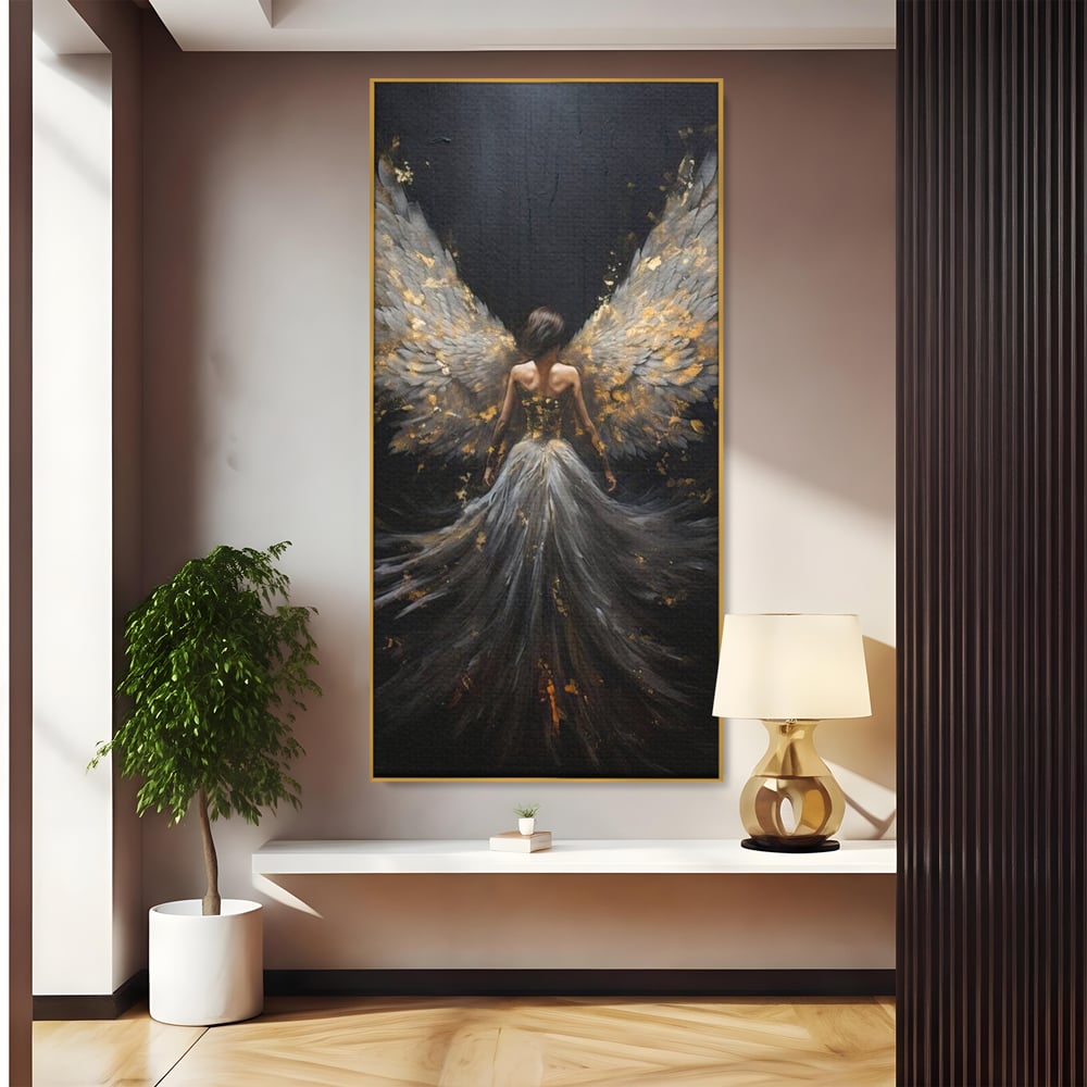 Tablou canvas cu tablou canvas cu inger si aripi, in rama de aluminiu auriu